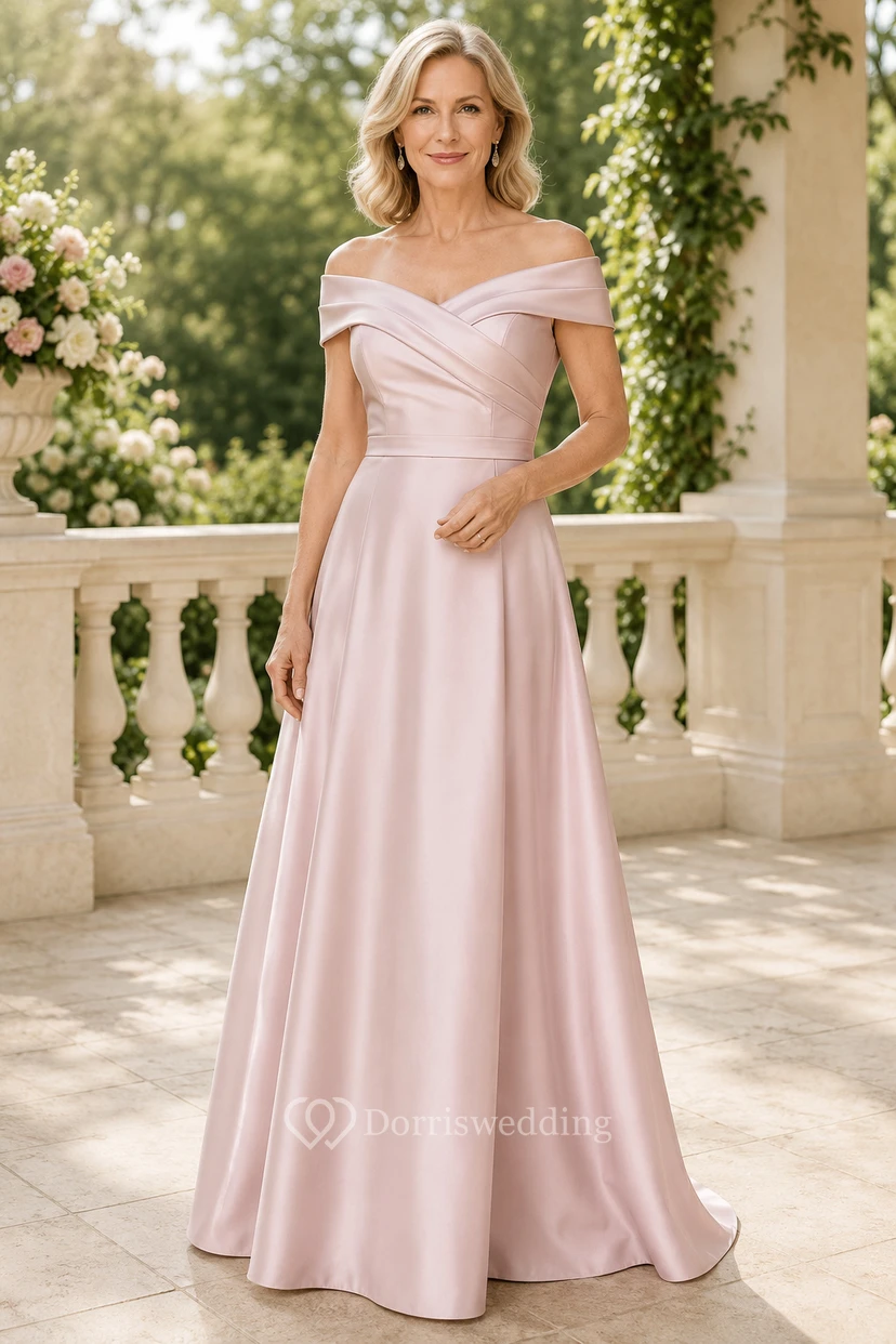 MOB-Kleid aus rosafarbenem Satin, A-Linie, kurze Ärmel, schulterfrei, bodenlang, gerafft