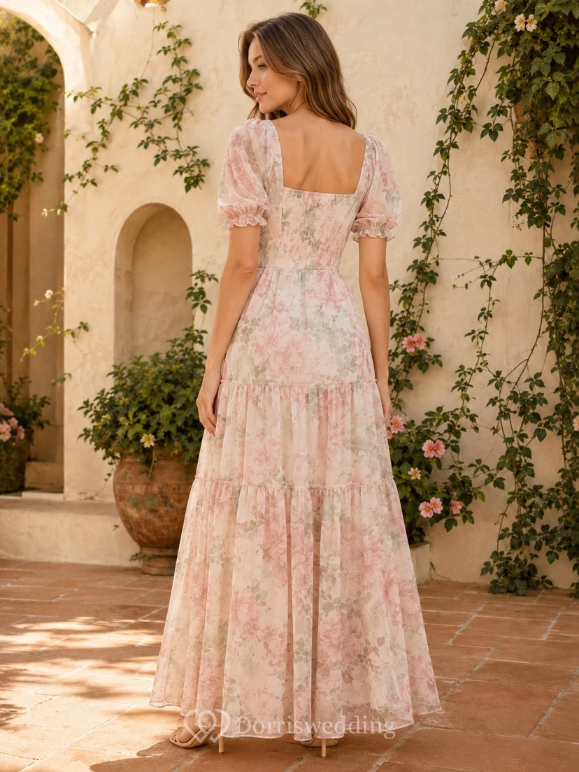 Blushing Pink Floral Short Puff Sleeve Square Neck Floor-Length Chiffon Dress view 2