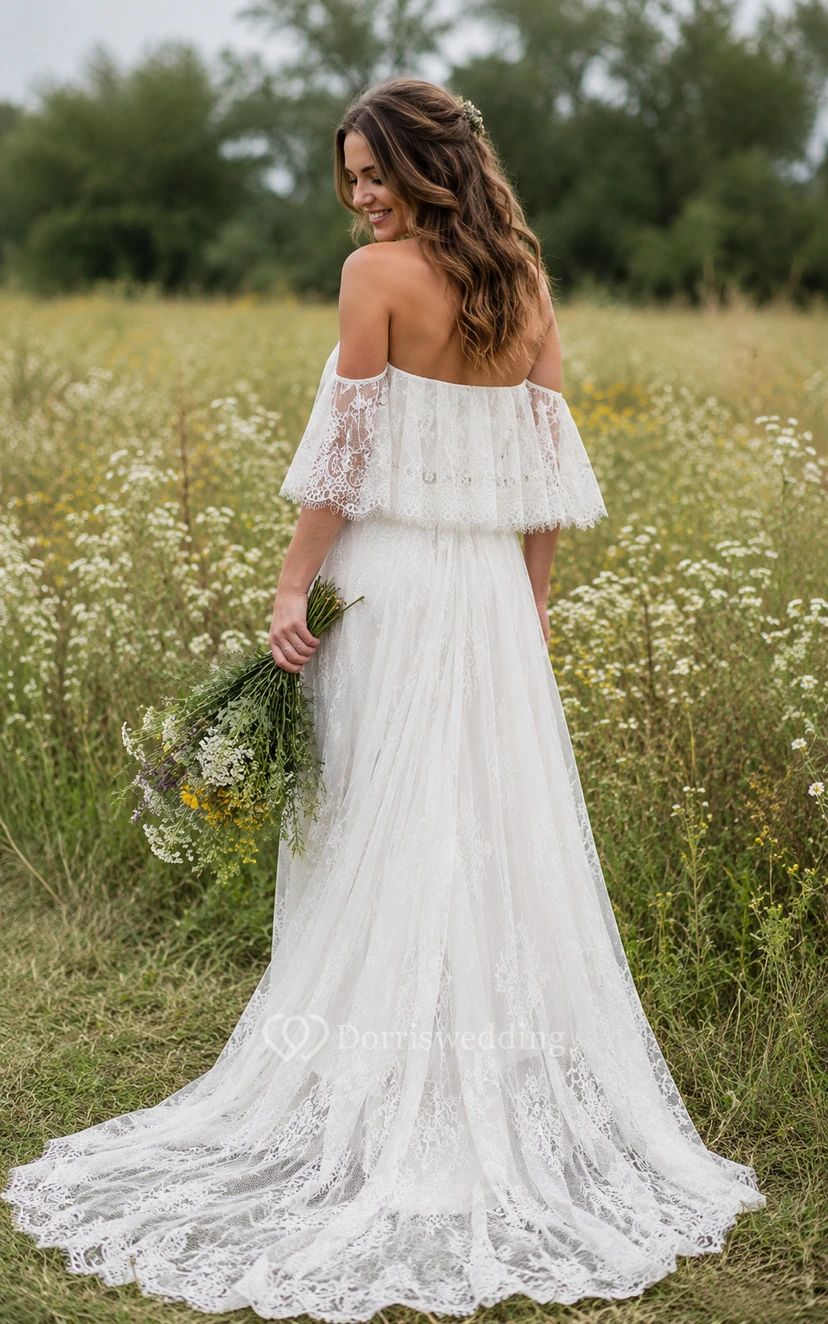 Vestido de novia de corte A con volantes de encaje y hombros descubiertos color marfil view 9