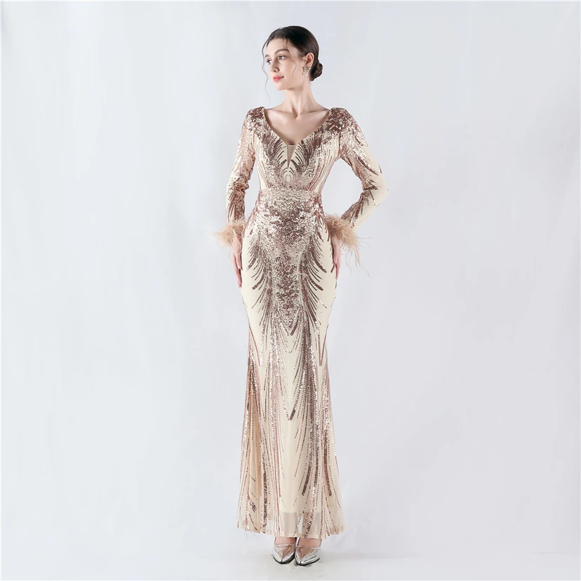 Robe de soirée haut de gamme ornée de perles florales fixes et de poils d'autruche, hôte de la réunion annuelle d'hiver view 56