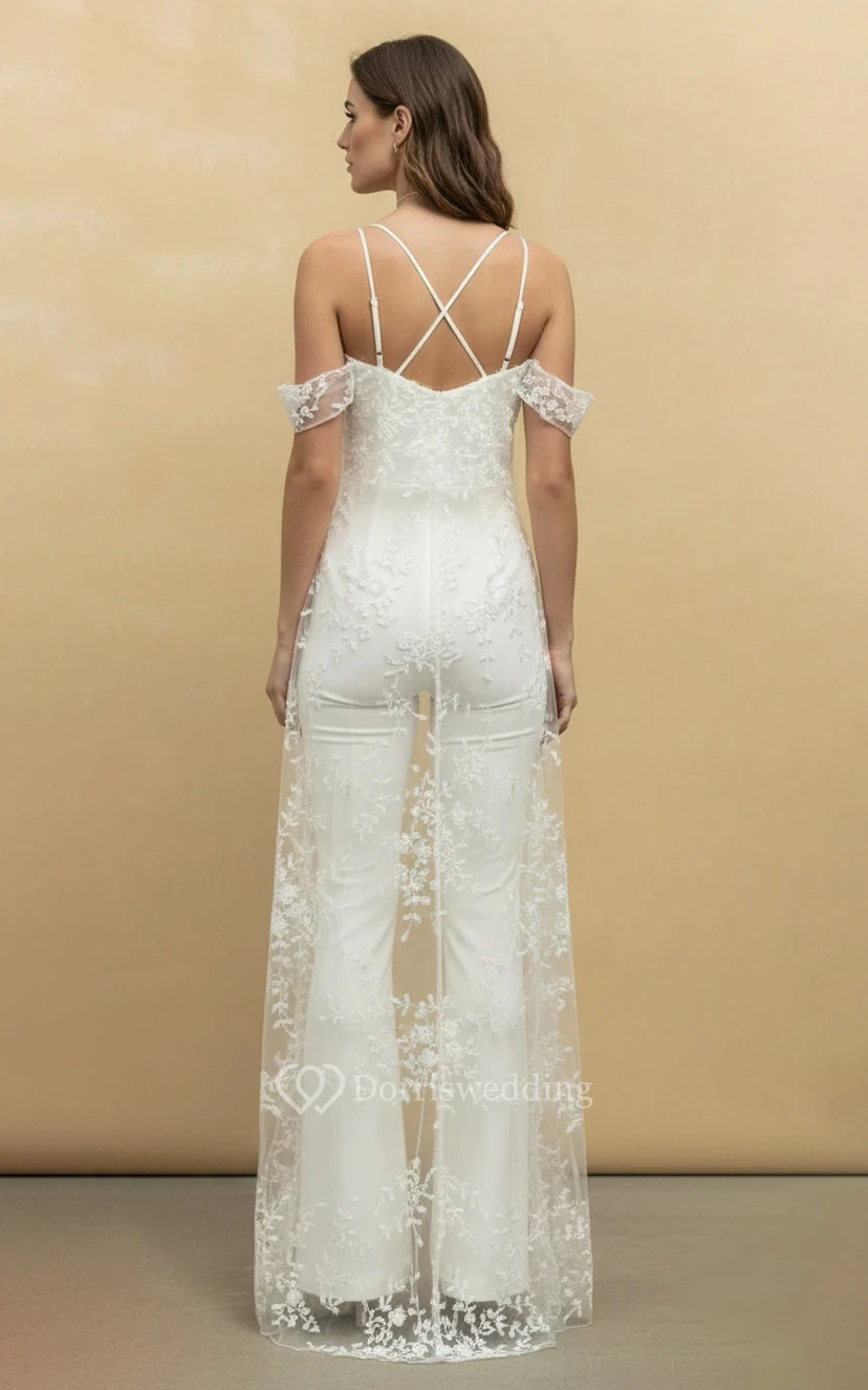 Spaghetti Strap V-Neck Lace Embroidery Flared Leg Wedding Jumpsuit view 2