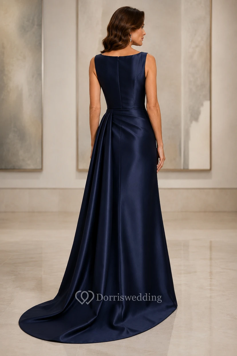 Evening Gown Dark Navy Satin Sheath Bateau Neck Sleeveless with Slit Sweep Train view 2