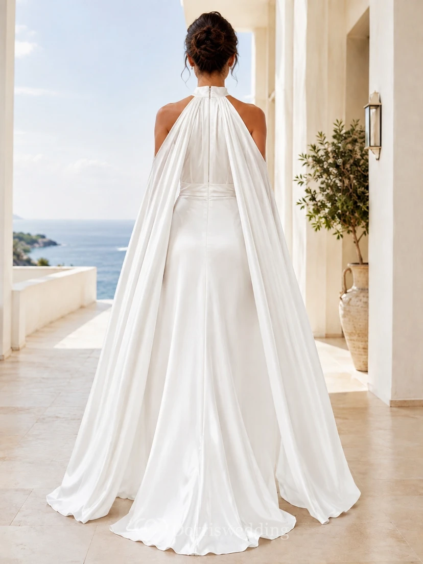 High Neck Cape Sleeve Satin A-Line Floor-Length Elegant Wedding Dress view 2