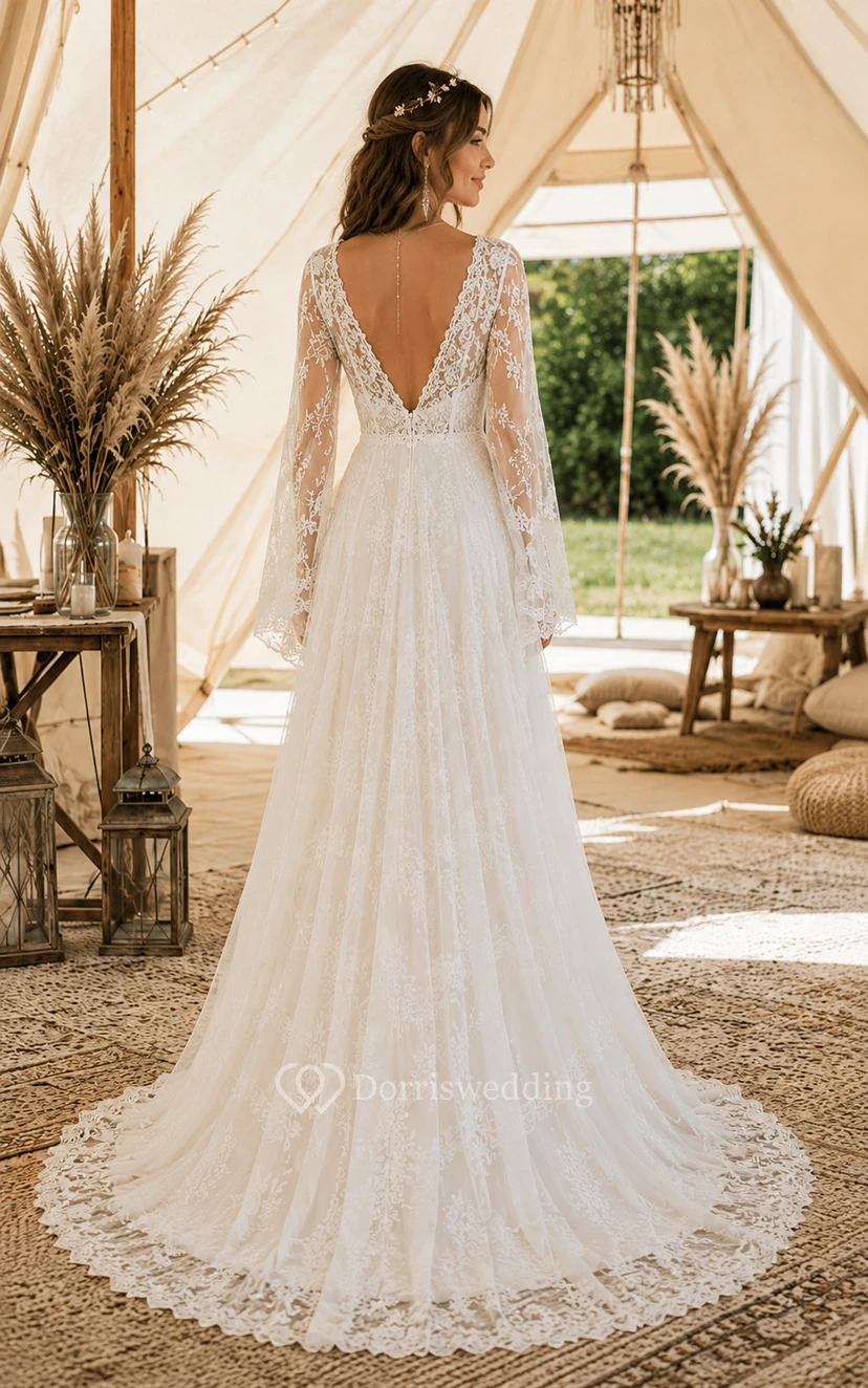 Boho-Brautkleid in A-Linie, langärmelig, V-Ausschnitt, Tüllspitzenapplikationen, bodenlang, Kapellenschleppe, Elfenbein view 2