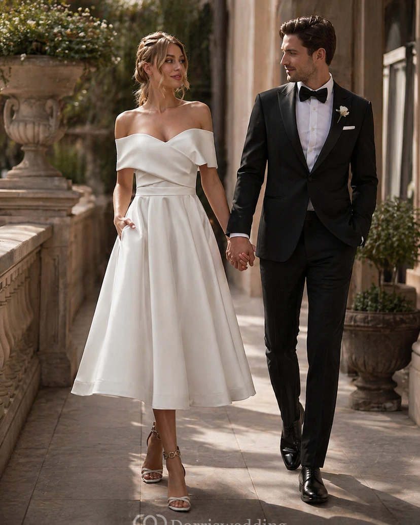 Elegantes schulterfreies Empire-A-Linien-Brautkleid aus Satin in Teelänge view 3