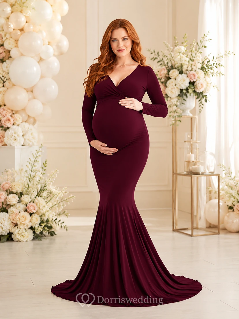 Burgundy Maternity V-Neck Long Sleeve Mermaid Sweep Train Evening Dress