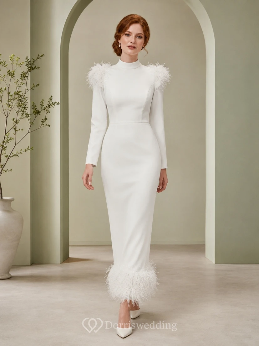 Elegant White Jersey Sheath Floor-Length High Neck Long Sleeve Feathered Dress