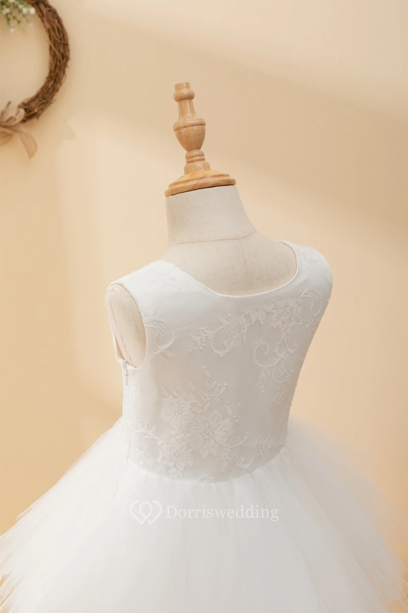 Short Ruffled Sleeveless Layered Plunged Tulle Flowergirl Dress view 10