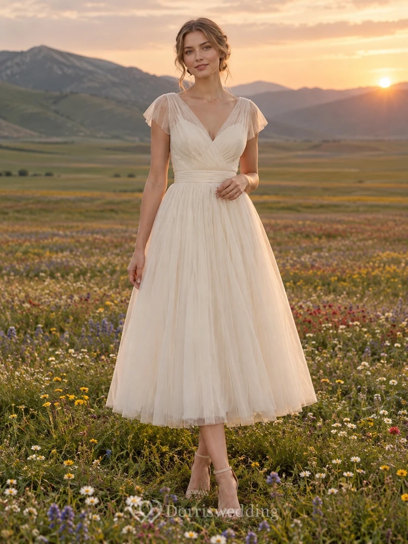 Vestido de novia de tul de manga corta, corte en A y escote en V, largo hasta la rodilla
