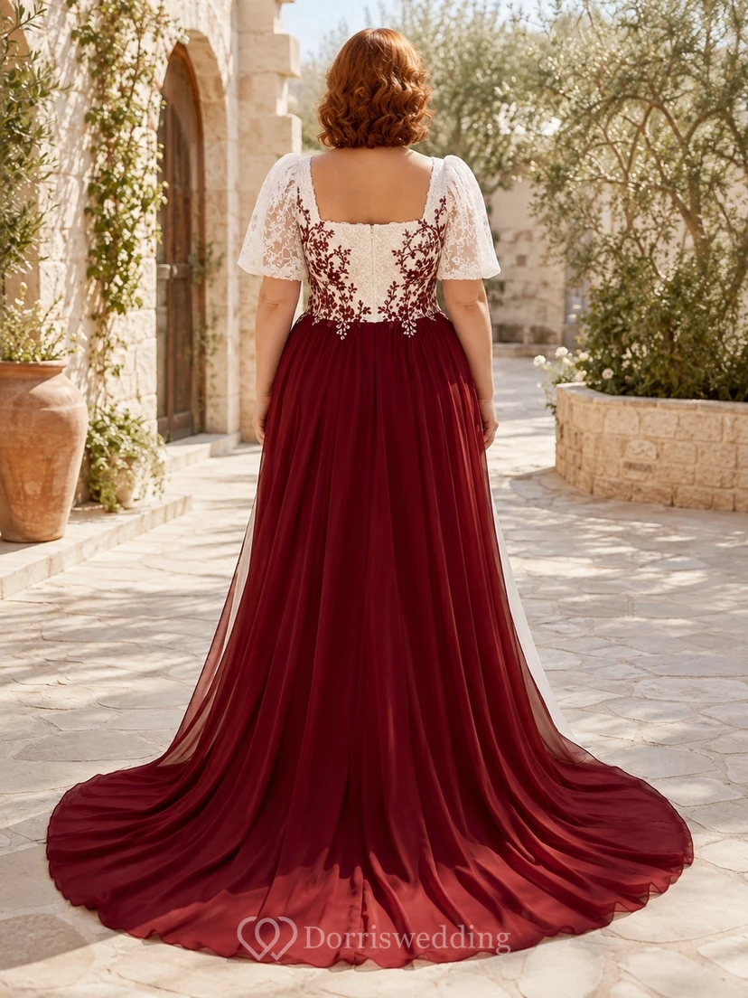 Burgunderfarbenes, florales Brautkleid in Übergröße, A-Linie, eckiger Ausschnitt, kurze Ärmel, Schleppe/Bürstenschleppe, romantisch-elegant view 2