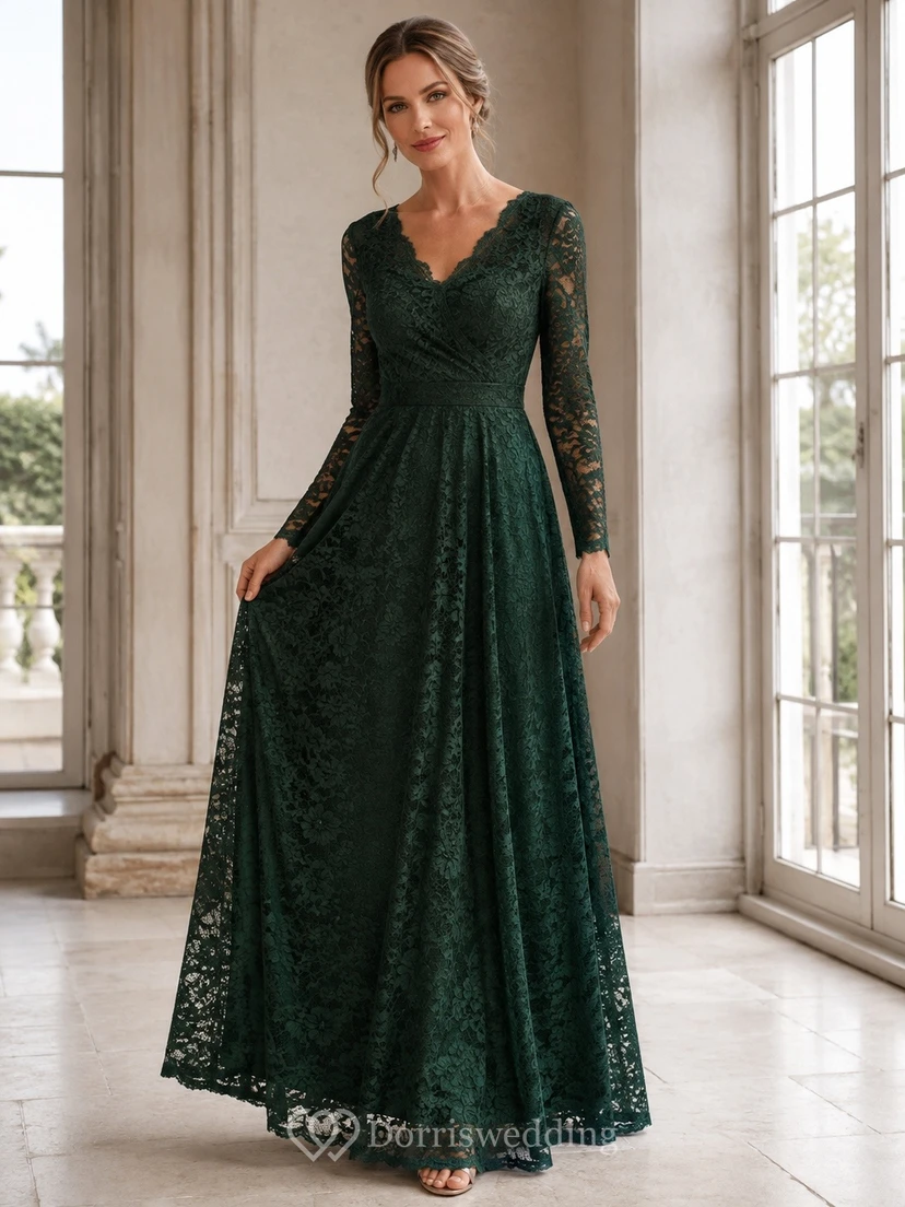 Dark Green V-Neck Lace Long Sleeve A-Line Formal Gown