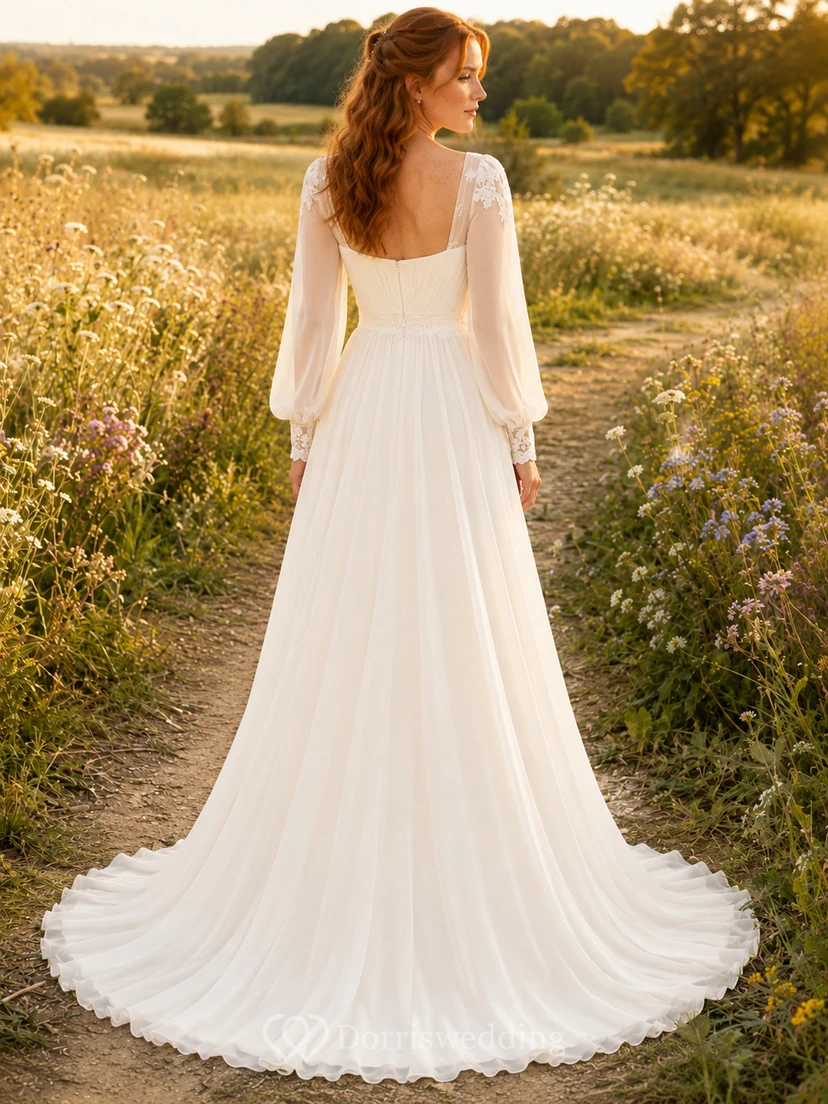 Boho Chiffon Wedding Dress A-Line Square Neck Long Sleeve Sweep Train Bridal Gown view 2