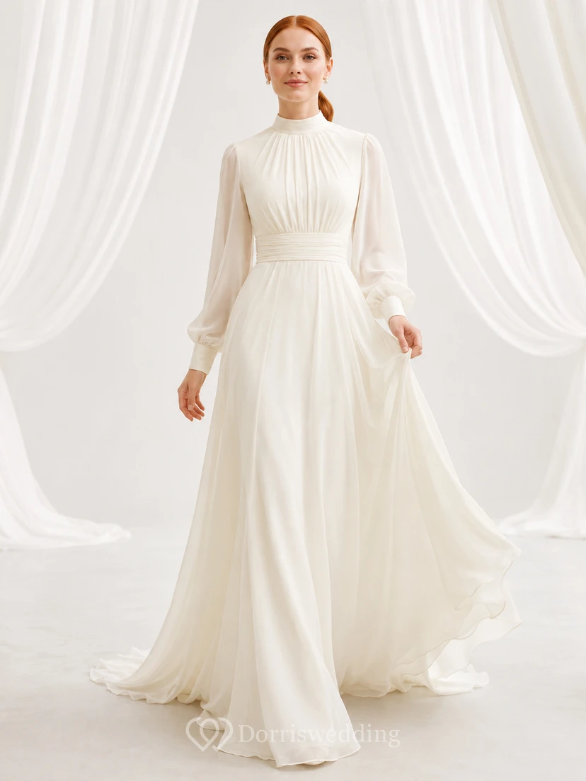 Modest High Neck Bishop Sleeve Chiffon LDS Bridal Gown