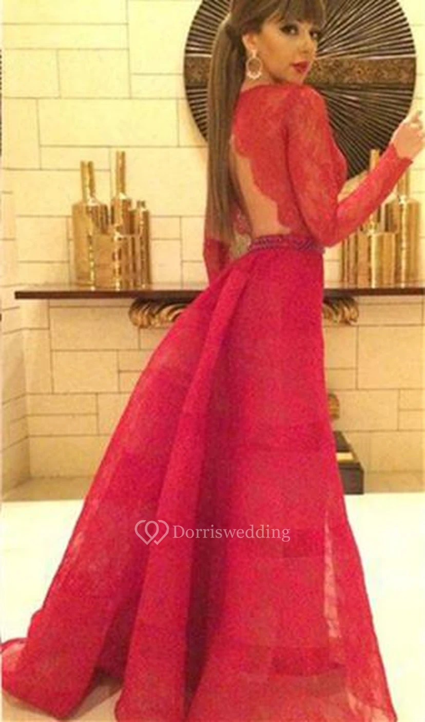 Modern Red Lace Long Sleeve Evening Dress A-line Sweep Train