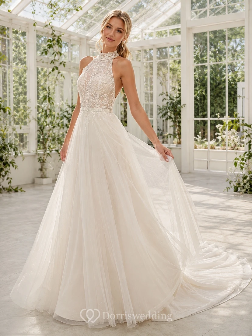 Vestido de novia de cuello alto, corte A, encaje y tul con espalda descubierta