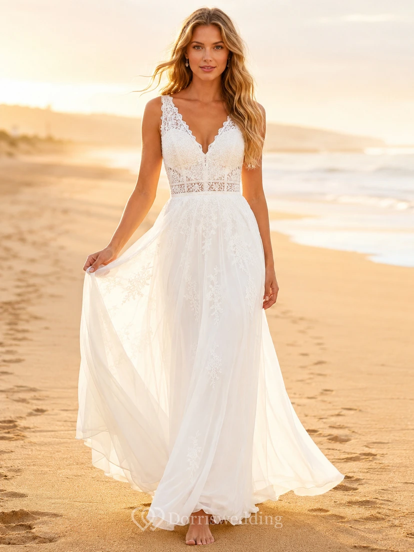 Beach V-Neck Lace Bodice Chiffon A-Line Wedding Dress