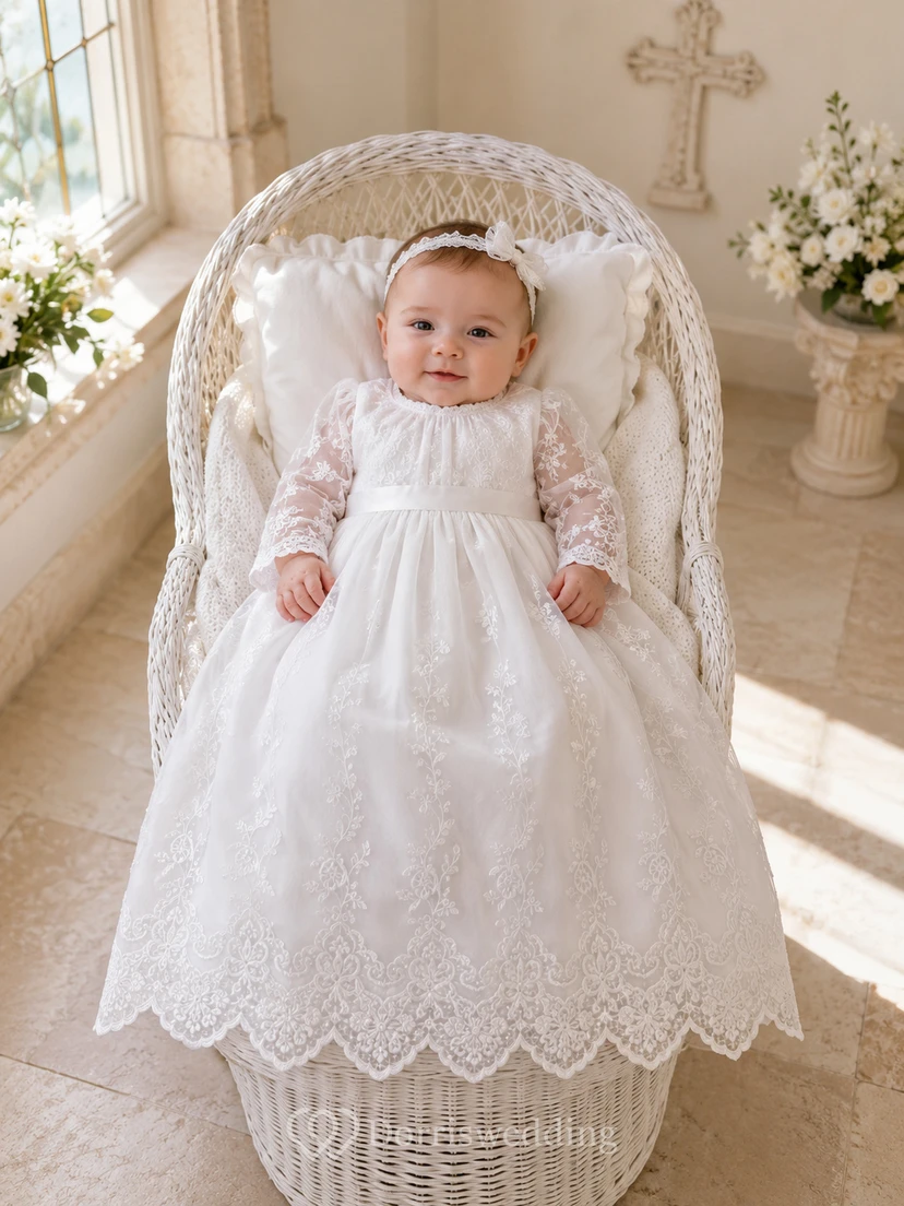 Scalloped Lace Hem Baptism Dress A-Line Tulle Square Neck Long Sleeve