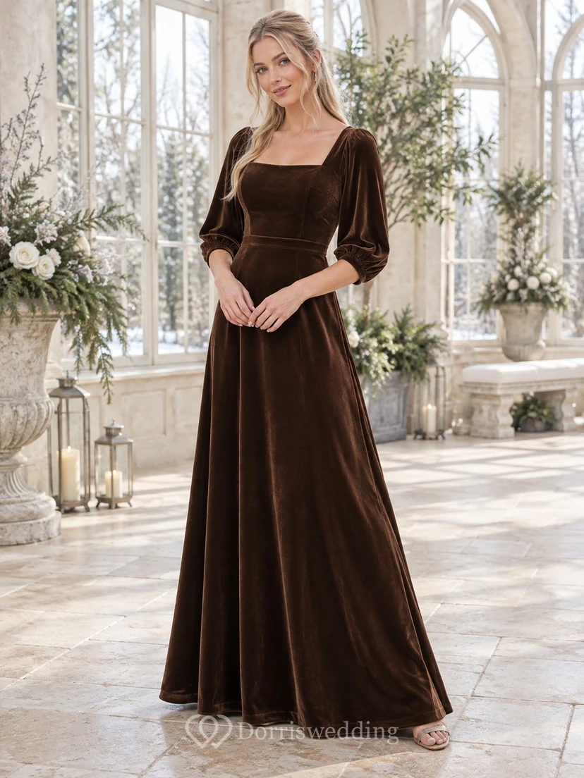 Vestido de dama de honor de terciopelo espresso con cuello cuadrado y mangas tres cuartos estilo obispo para invierno