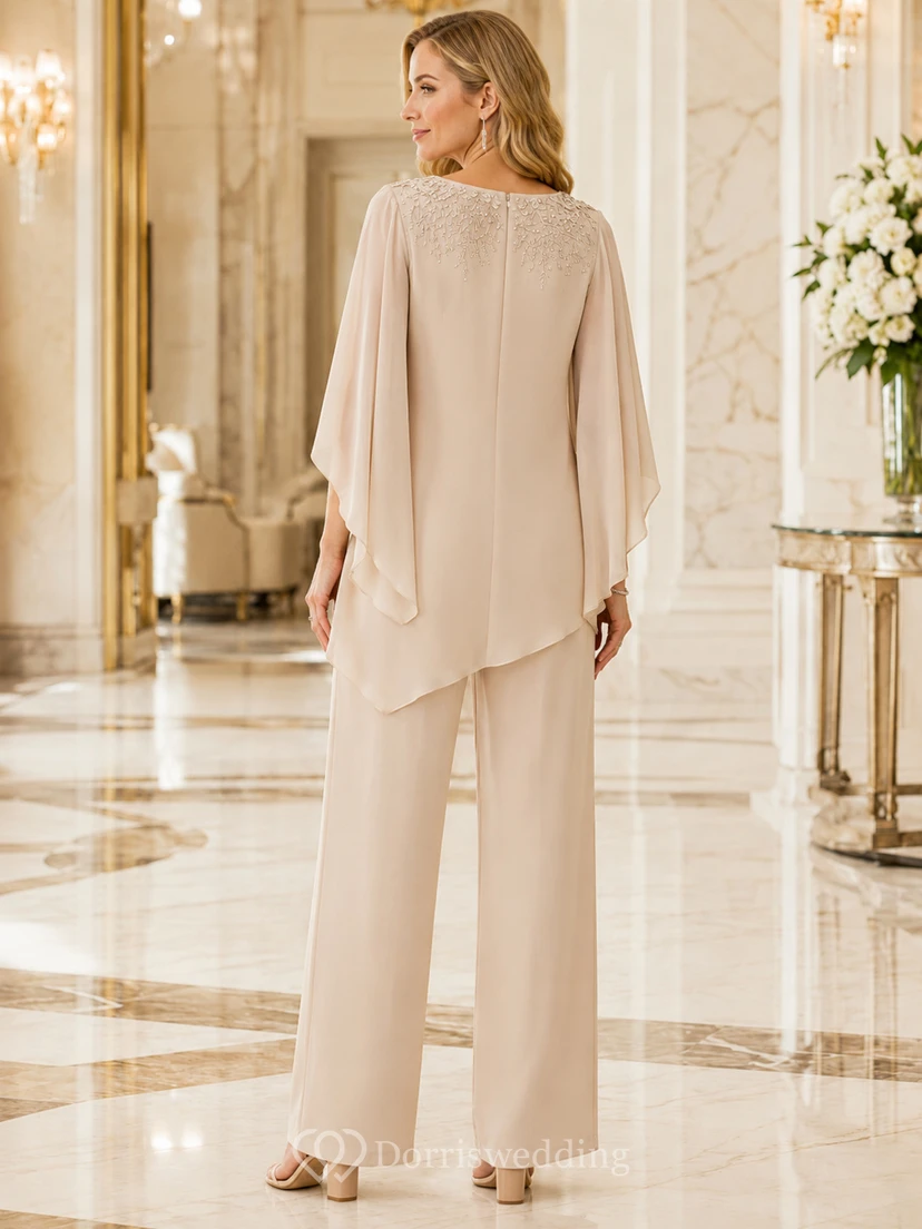 Champagnerfarbener Chiffon-Jumpsuit mit Bateau-Ausschnitt und Fledermausärmeln, eleganter Jumpsuit mit weitem Bein für die Mutter zum Empfang view 2