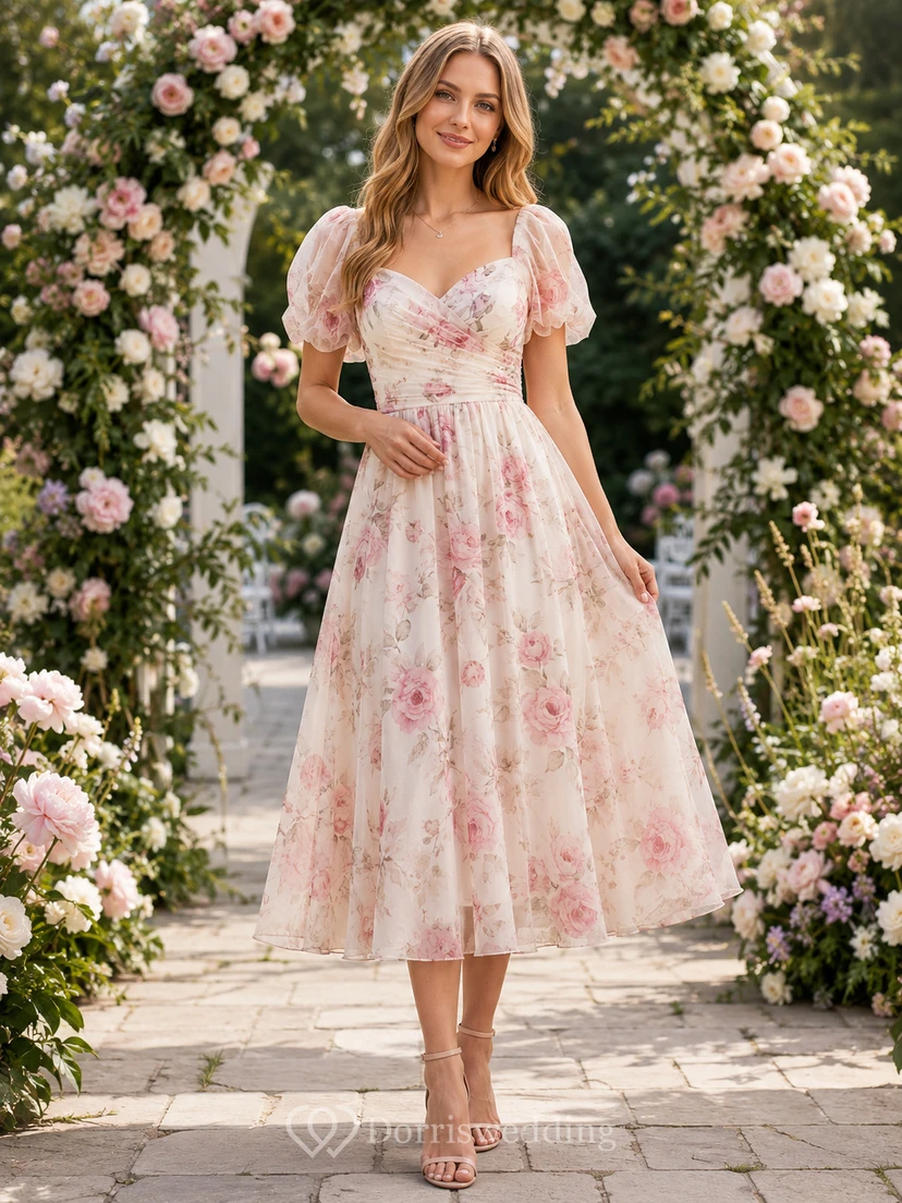 Pink Floral Puff Sleeve Garden Guest Midi Dress