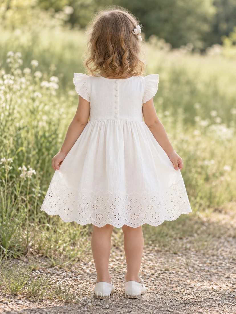 Modest Ivory Knee Length Plain Flutter Sleeve Deep Eyelet Full Flower Girl Dress view 2