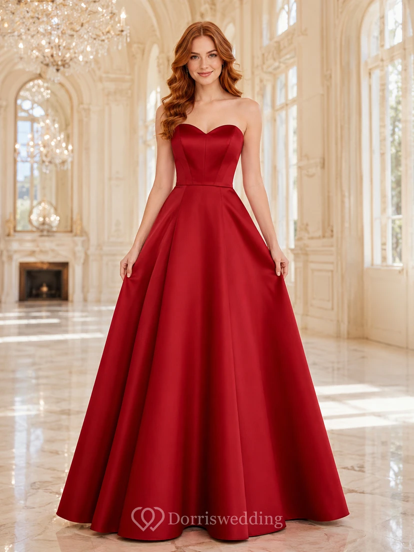 Vestido de gala rojo de satén sin tirantes con corte en A