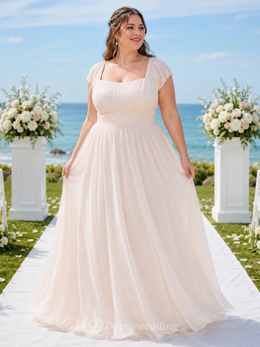 Plus Size Square Neck Chiffon Coastal Bridal Gown