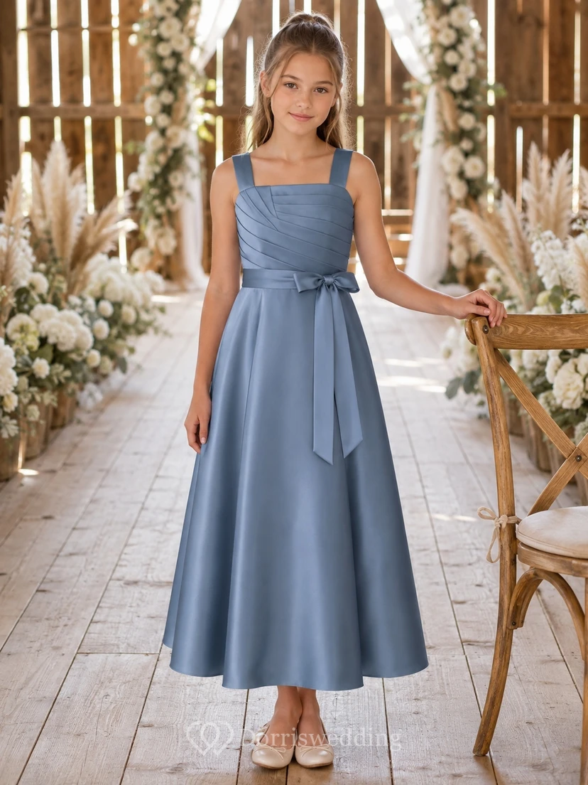 Stahlblaues Brautjungfernkleid für junge Mädchen, A-Linie, ärmellos, mit Falten, romantisch