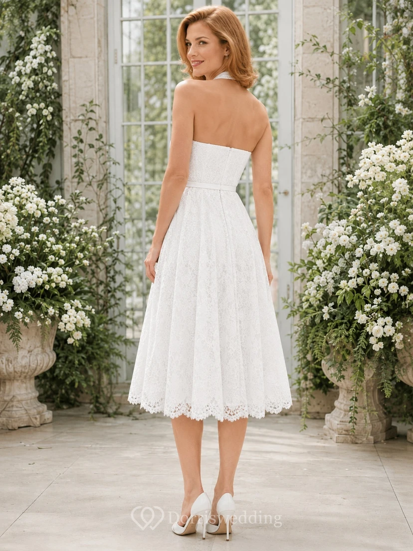 White Lace Halter Sleeveless A-Line Tea-length Scalloped Romantic Elegant Garden Dress view 2