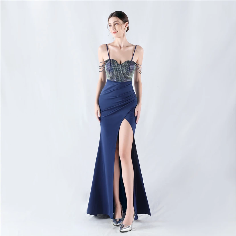 Hot Diamond Beaded High-Slit Satin Sexy Sling Evening Dress view 52