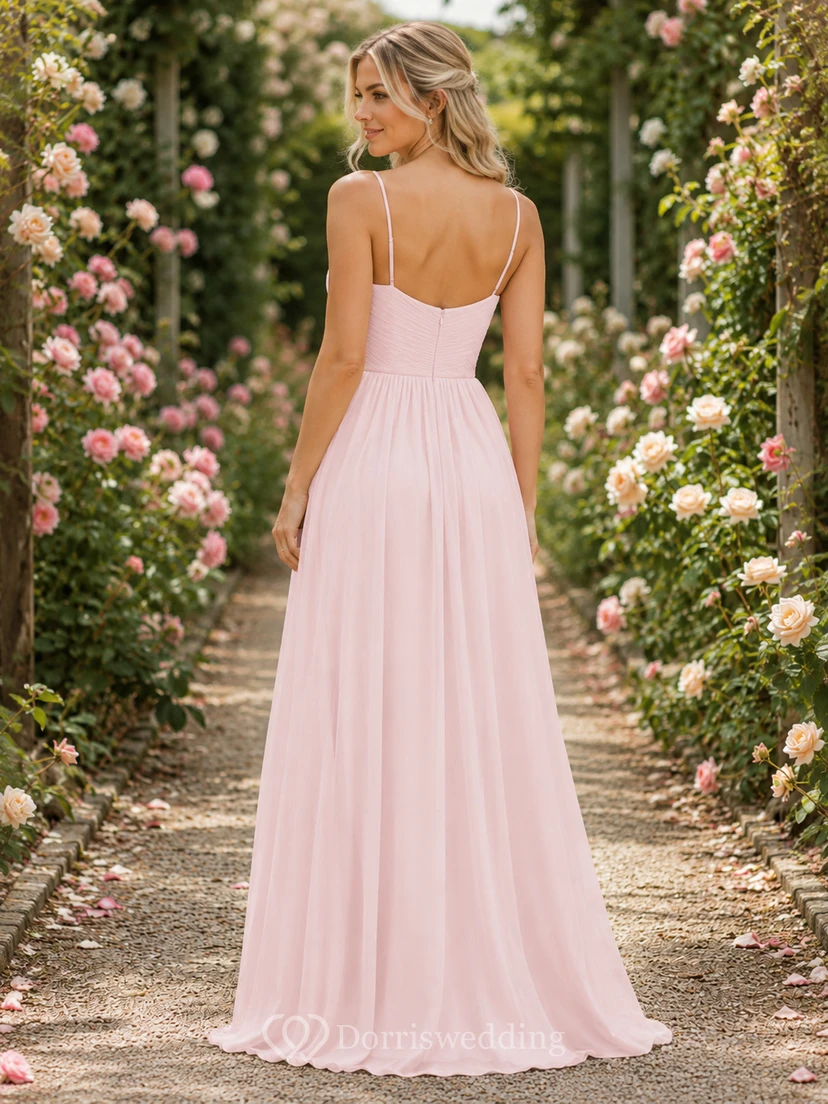 Pink Sweetheart Spaghetti Strap Chiffon Garden Bridesmaid Gown view 2