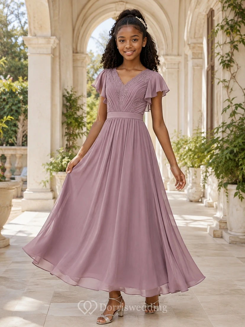 Vintage mauvefarbenes Chiffonkleid mit Glockenärmeln, V-Ausschnitt, A-Linie und bodenlanger Passform für junge Brautjungfern