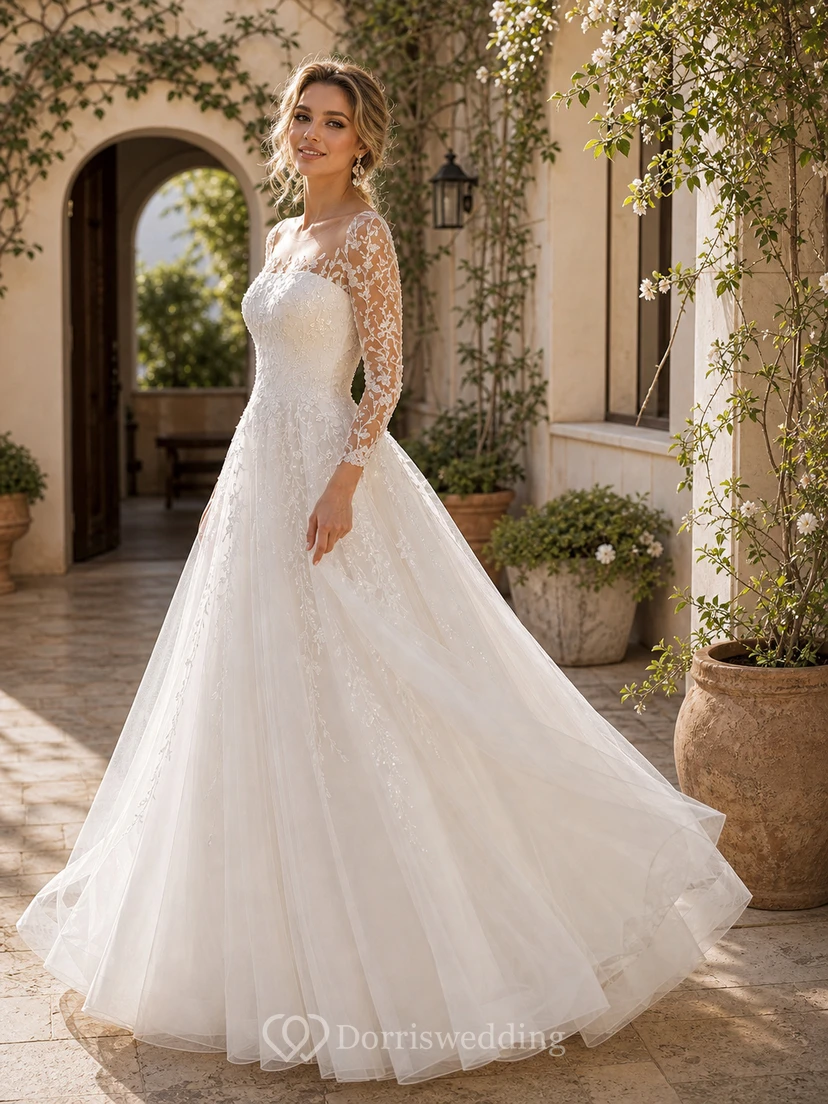 Elegantes Ballkleid mit U-Boot-Ausschnitt, 3/4-Ärmeln, Hofschleppe, Tüll, Applikationen und Illusionseffekten view 5