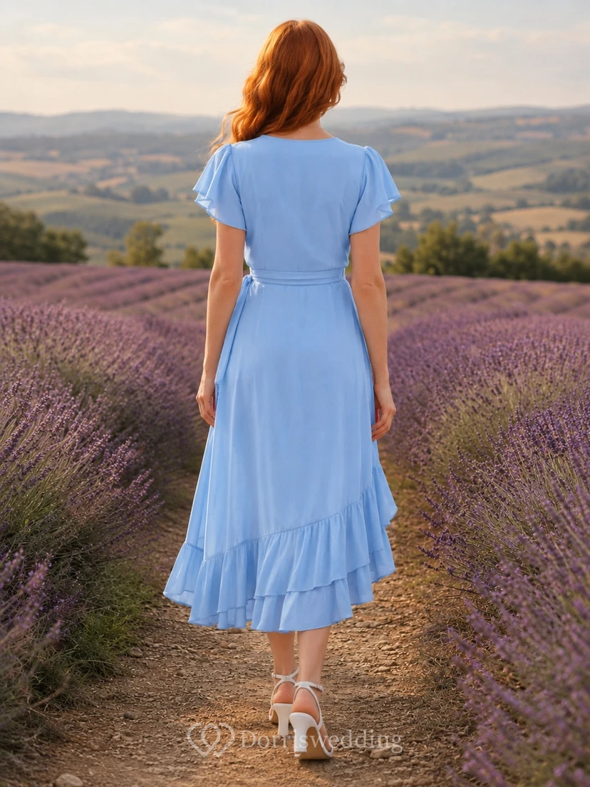 Himmelblaues Chiffon-Gartenkleid mit V-Ausschnitt, flatternden Ärmeln, asymmetrischem Saum und Rüschen view 2