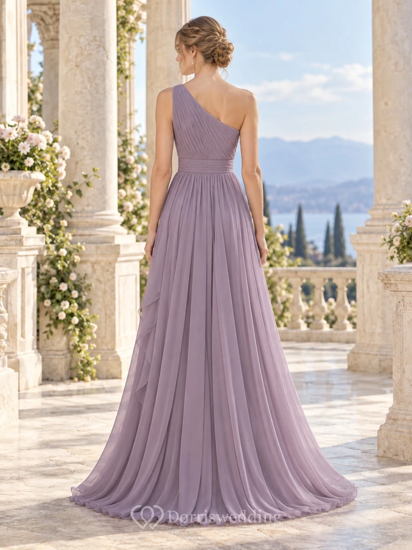 Ethereal Mauve One-Shoulder Ruched Ruffle Chiffon A-Line Long Bridesmaid Dress view 2