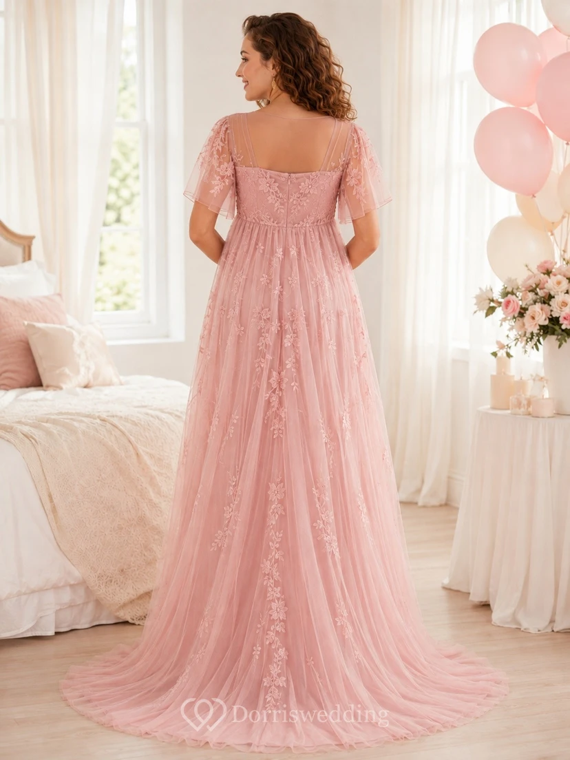 Vestido de noche de maternidad largo hasta el suelo, de corte A, con encaje, tul, cuello cuadrado y mangas cortas, color rosa rubor. view 2