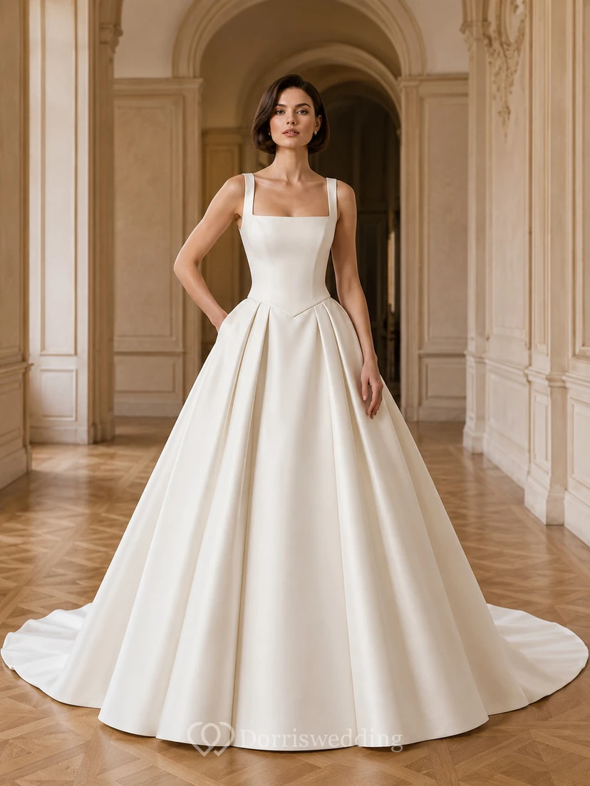 Robe de bal élégante en satin, col carré, sans manches, traîne chapelle, dos nu, robe de mariée Gallery