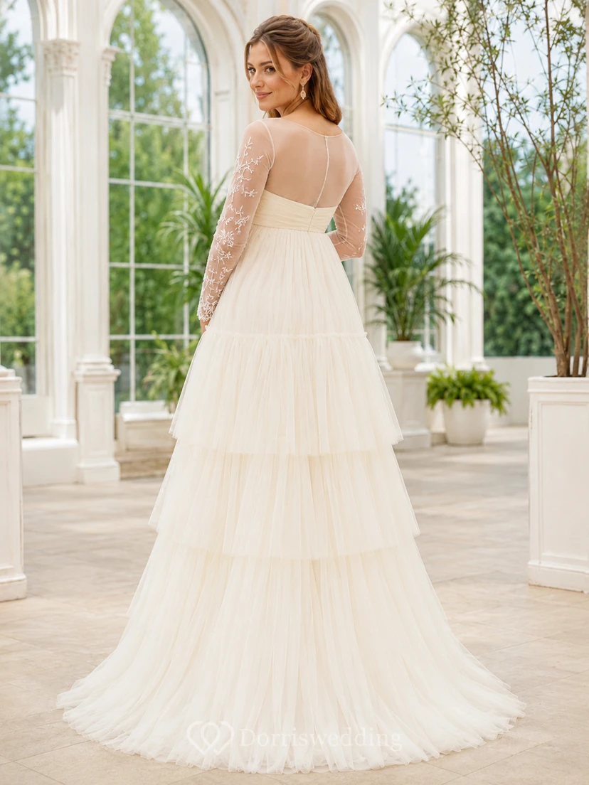 Vestido de novia de invierno de tul escalonado con mangas largas para embarazadas view 2