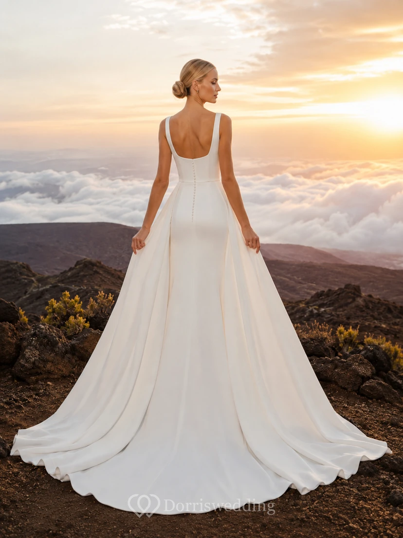 Robe de mariée en satin, coupe trapèze, col carré, larges bretelles, empiècements latéraux fluides et traîne chapelle view 2