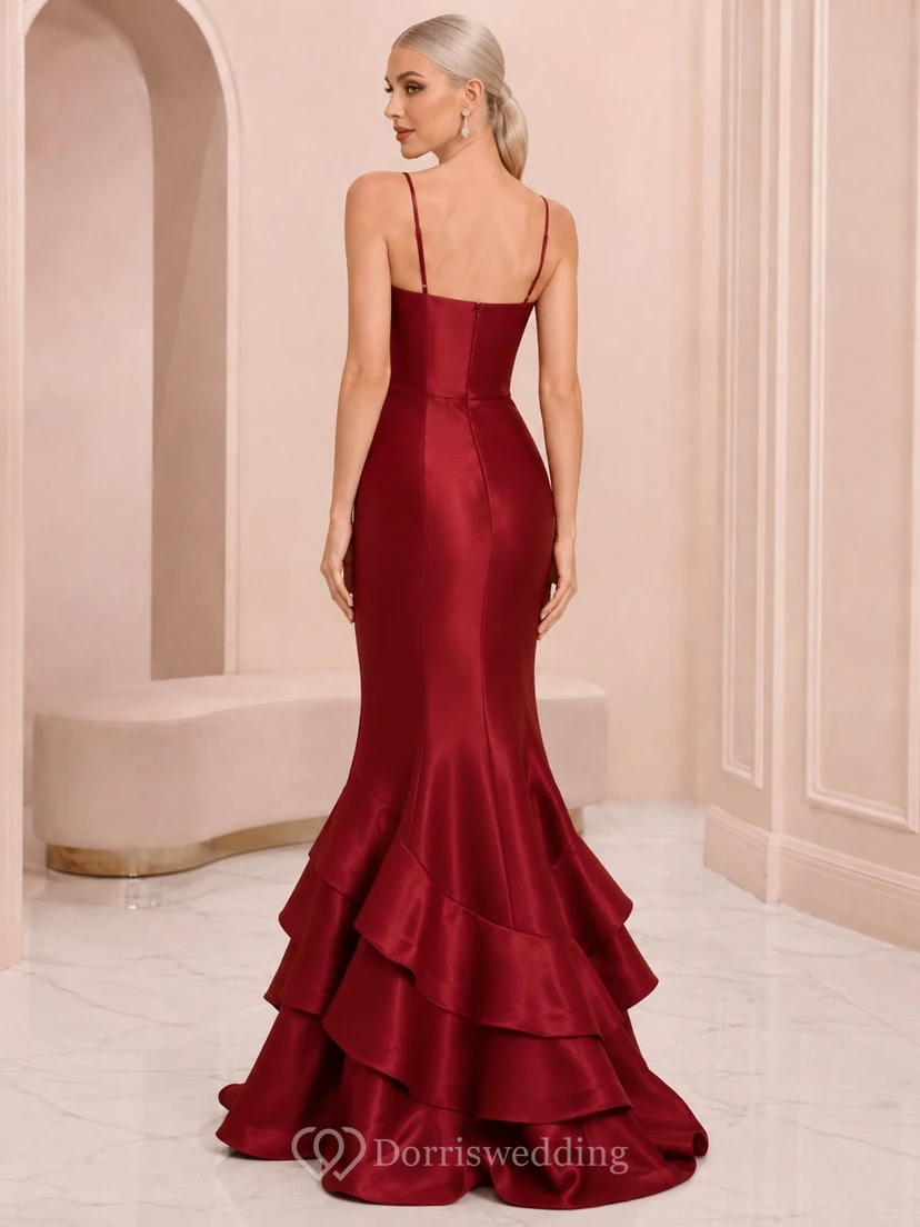 Sexy Red Spaghetti Square Neck Satin Mermaid Tiered Floor-Length Formal Prom Gown view 2