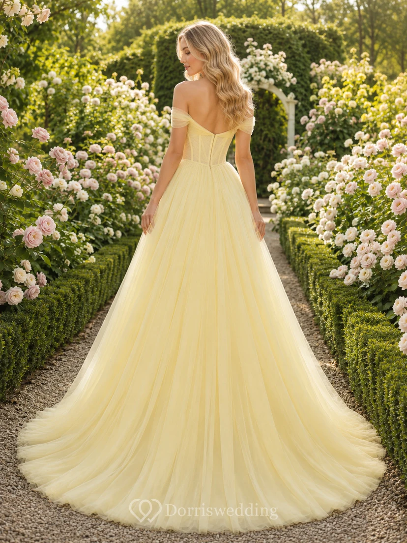 Yellow Strapless Tulle Spring Garden Ball Gown Bridal Dress view 2