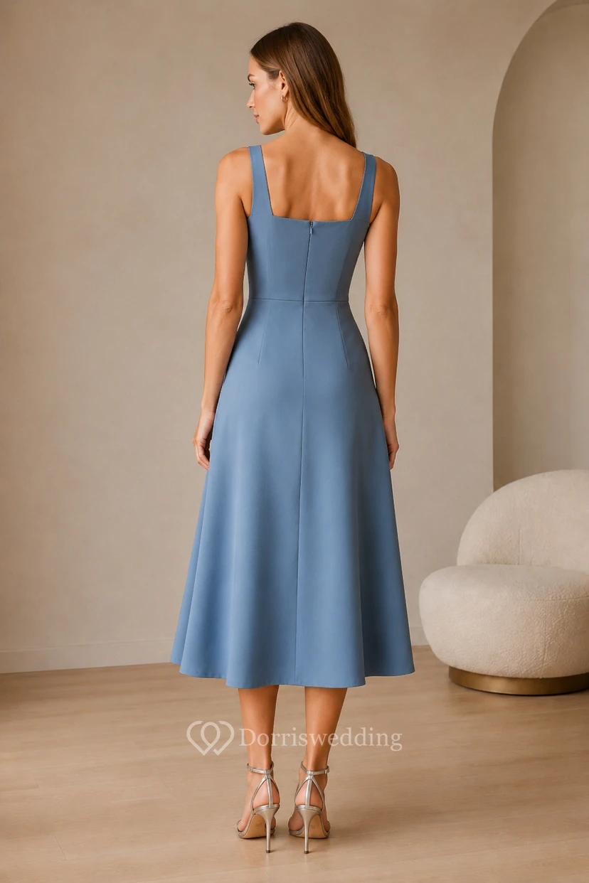 Steel Blue Square Neck Satin Tea-Length A-Line Guest Dress with Wide Straps view 2