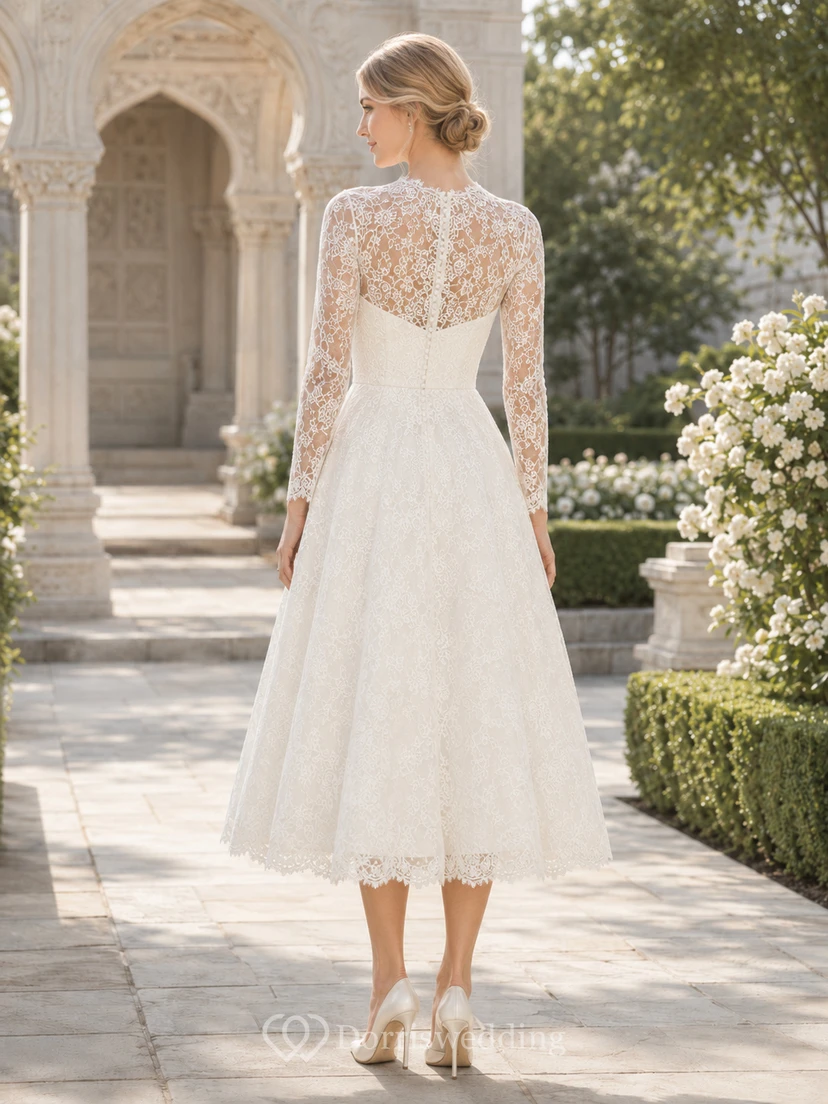 Modest High Neck Lace Long Sleeve Tea Length Temple Wedding Dress view 2