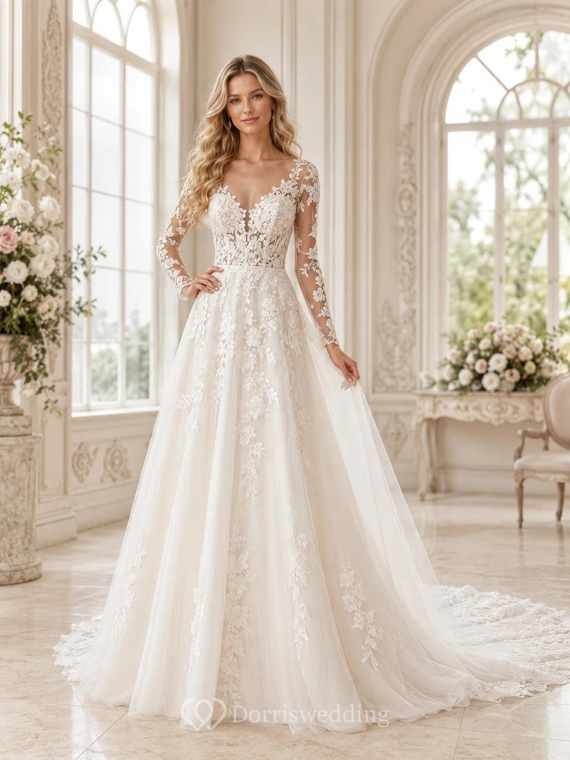 Vestido de novia romántico de manga larga, corte A, escote en V, encaje y cola de capilla.