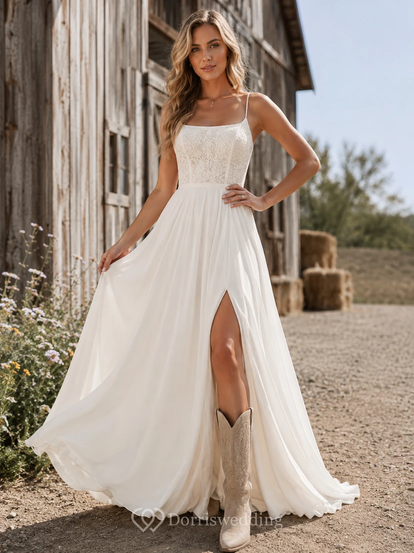 Simple Square Neck Chiffon Wedding Dress with Straps and Sweep Train Elegant A-Line Sleeveless