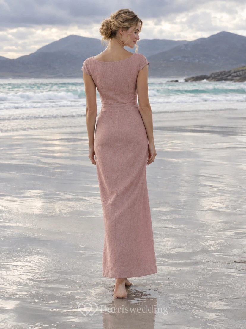 Simple Dusty Rose Beach Wedding Dress Sheath Bateau Neck Cap Sleeves Ankle Length view 2