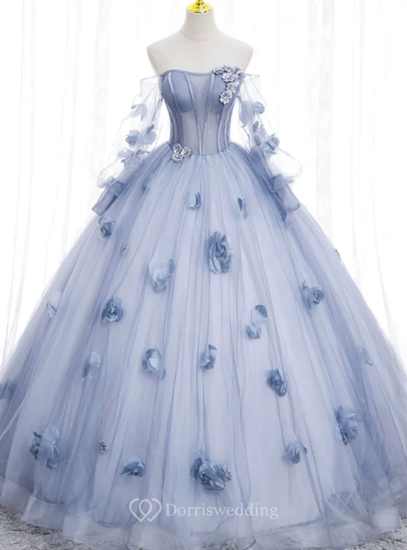 Robe de bal bustier bleu clair à fleurs view 7