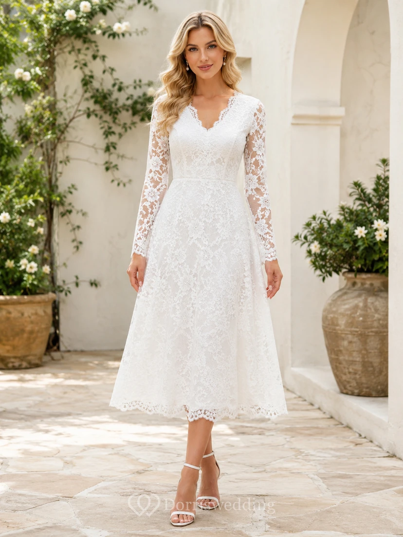 Romantic White Tea-Length V-Neck Long Sleeve Lace Garden Dress Outdoor