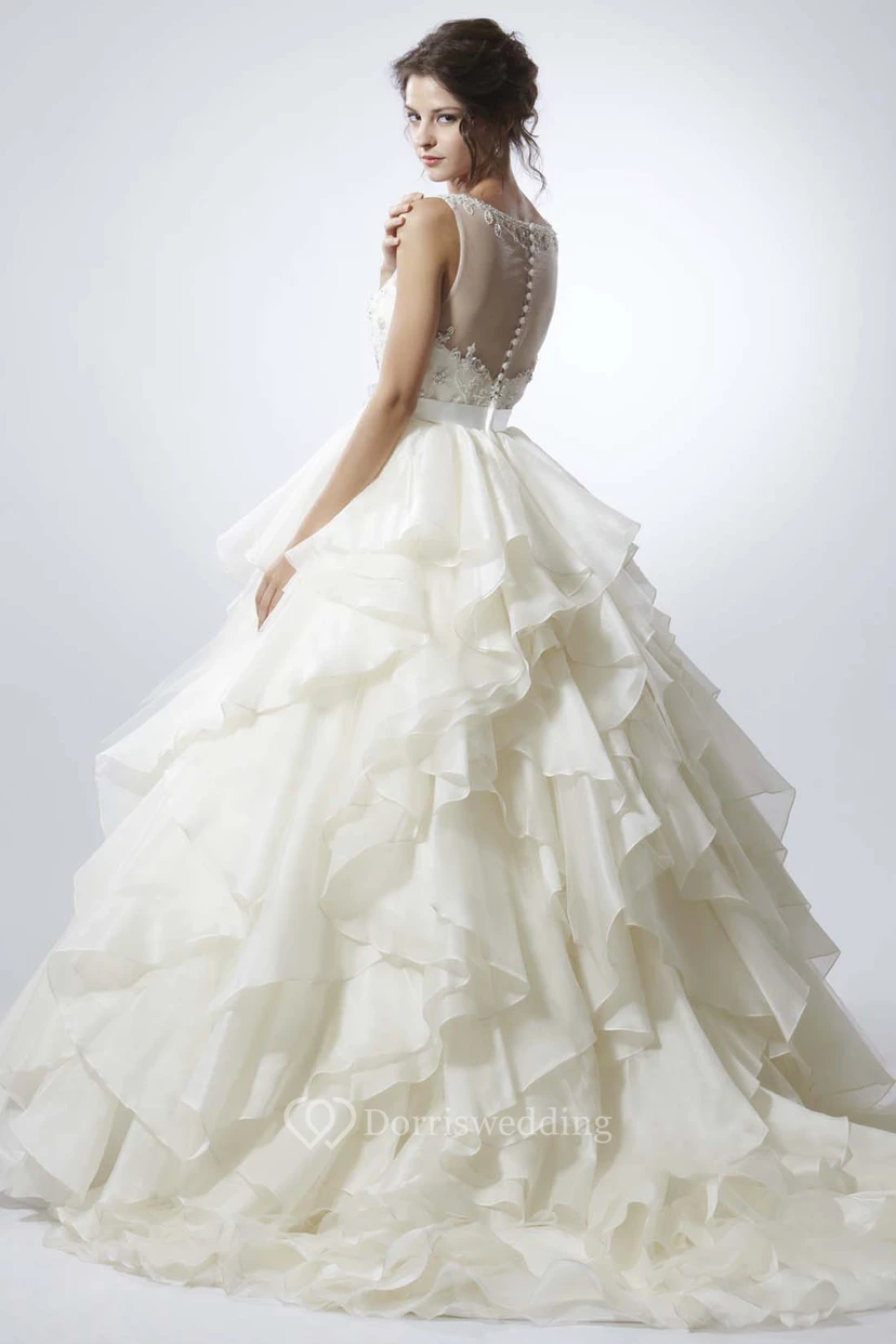 A-Line Sleeveless Scoop Floor-Length Cascading-Ruffle Organza Wedding Dress With Illusion Back And Beading view 2