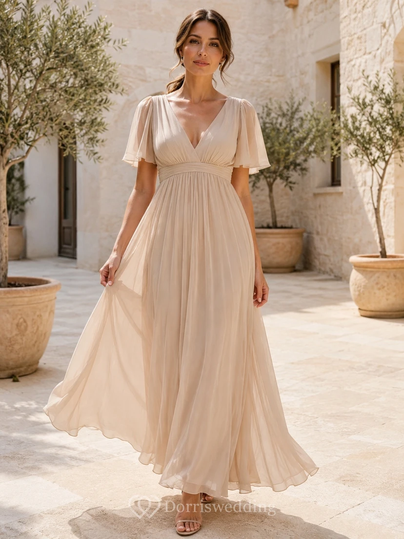 Cream Floor-Length Chiffon Empire V-Neck Flutter Sleeve Romantic Dress